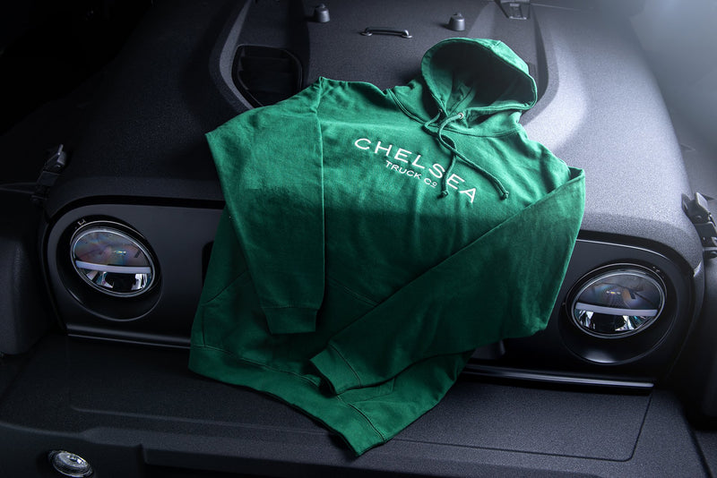 Fashionable Green Hoodie with White Embroidery On Black Jeep 
