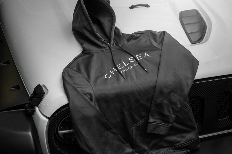 Steel Grey with Silver Embroidery - Chelsea Truck Co Hoodie On Gray Jeep 