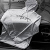 Women Chelsea Truck Co White with Black Embroidery Hoodie On Black Jeep