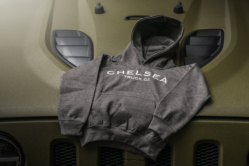 Charcoal Grey Hoodie On Olive green jeep 