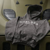 Charcoal Grey Hoodie On Olive green jeep