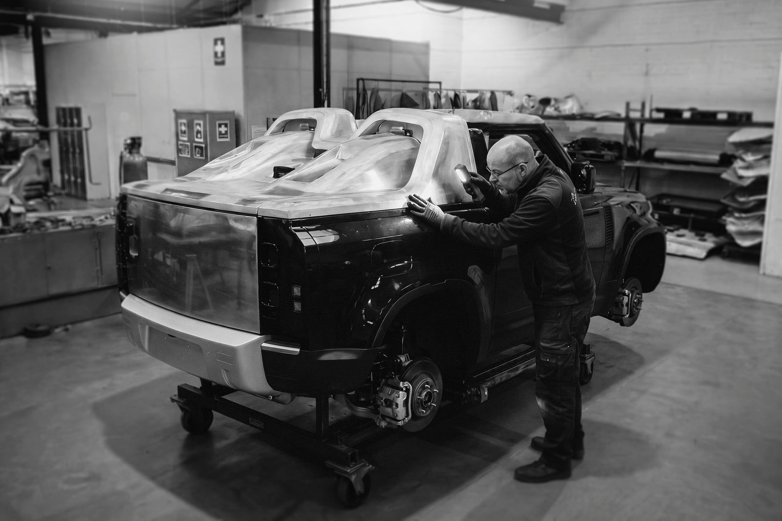 A coachbuilt Defender body under assembly in the KAHN® workshop