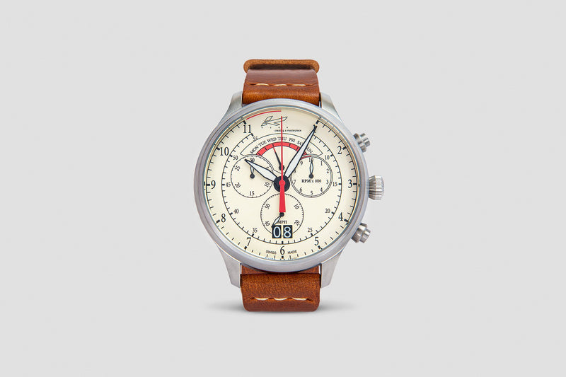 Full View Of The Driver's Chronograph With Champagne Dial and Tan Leather Strap